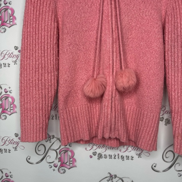 Bebe Pom Pom angora rabbit fur trim hood zip up sweater hoodie pink coral y2k - Picture 2 of 15